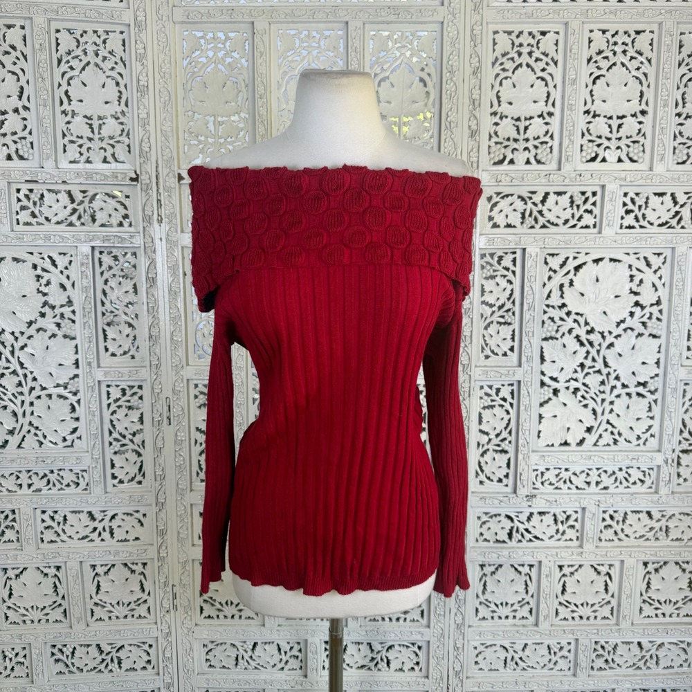 Vtg Red Ribbed Off Shoulder Sweater Womens Large Coquette Twee Y2K Romantic